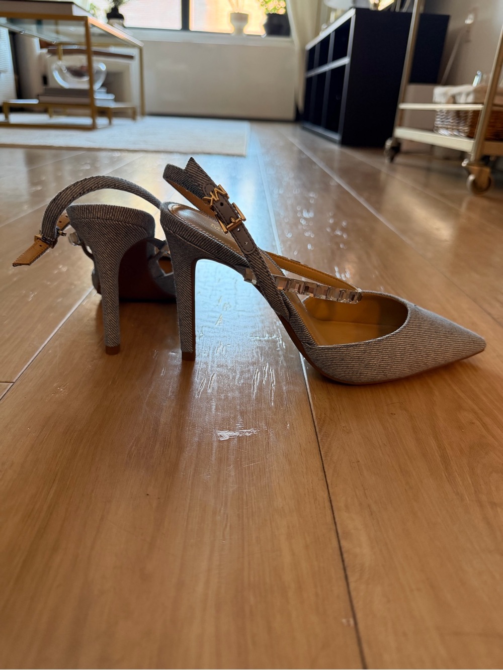 Pointed Toe Denim Slingback Heels - Picture 2 of 3